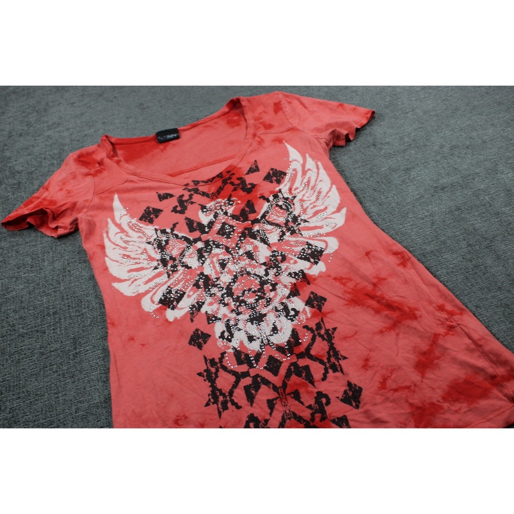 Daytrip Womens Red Tie Dye Rhinestone Graphic V-Neck T-Shirt Medium Cotton USA
